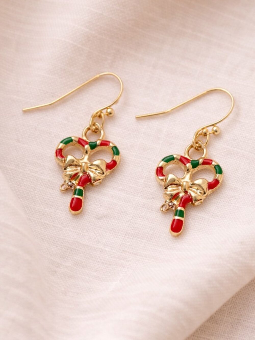 Candy Cane Bow Dangle Earrings Red Green Enamel Gold Christmas Festive